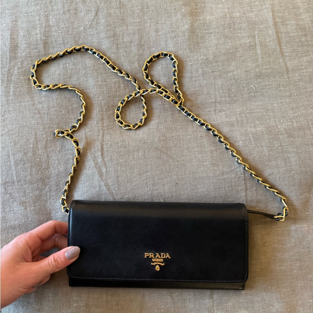 Prada Black Leather Wallet with Gold Chain